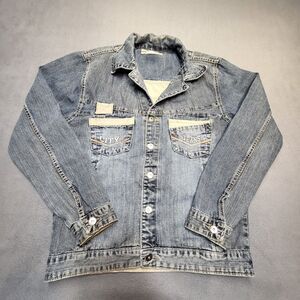 City Jean Jacket Womens L Blue‎ Denim Trucker Distressed Y2K Grunge